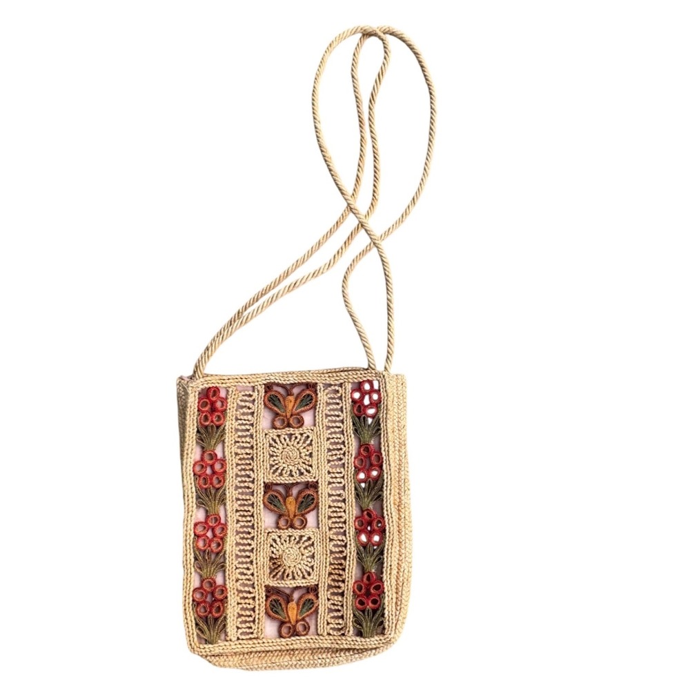 Vintage Woven Straw Crossbody Bag Butterfly Floral Boho Crochet Summer Tan Pink